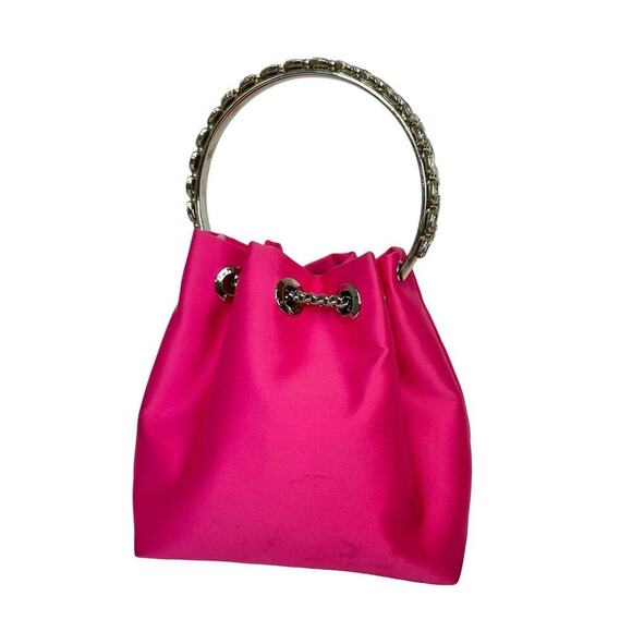 Sondra Robert’s Satin Drawstring Mini Bag Hot a pink Crystal Top Handle - Picture 6 of 8